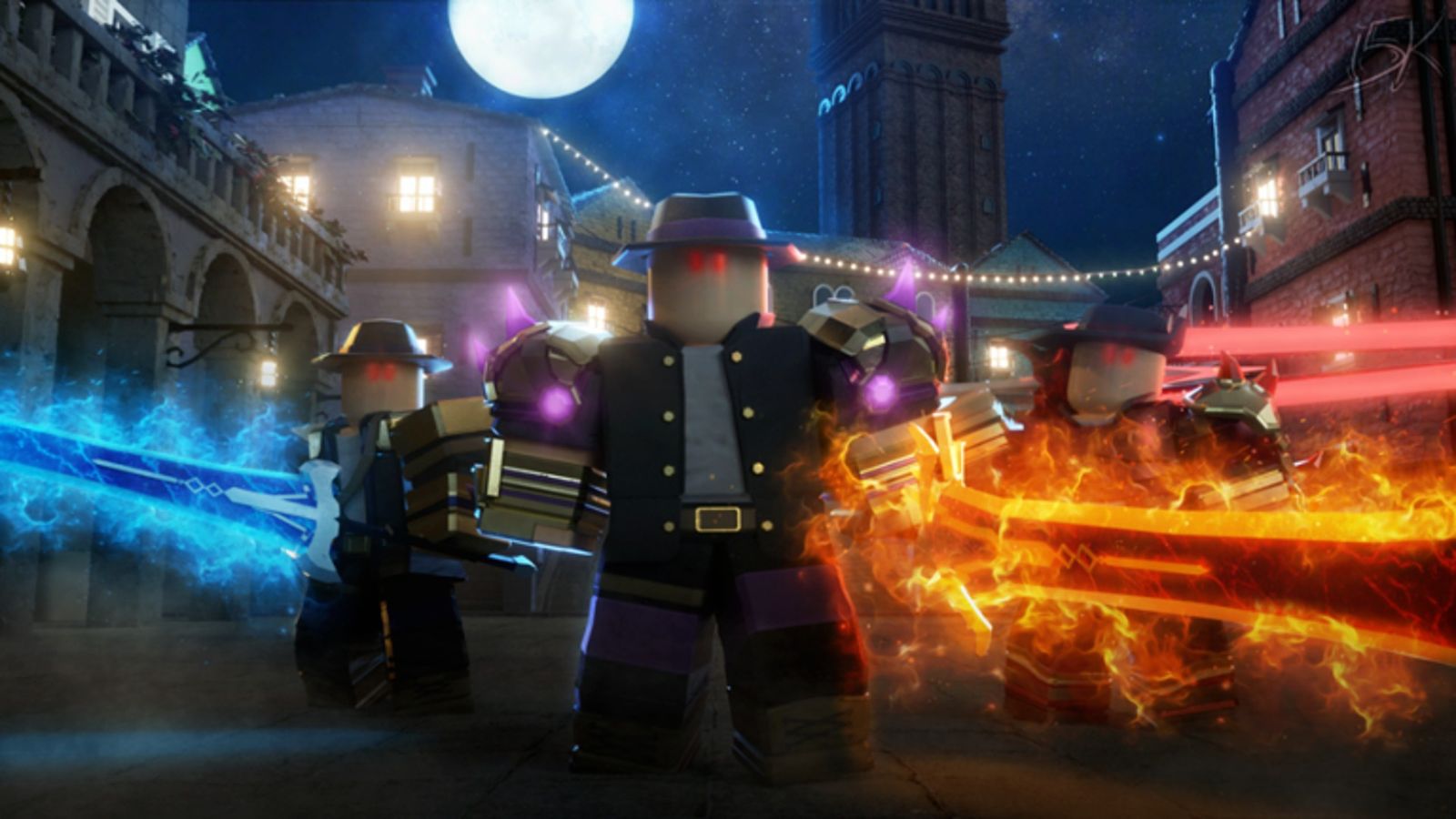 Image from Dungeon Quest showing three suit-clad Roblox characters wielding weapons