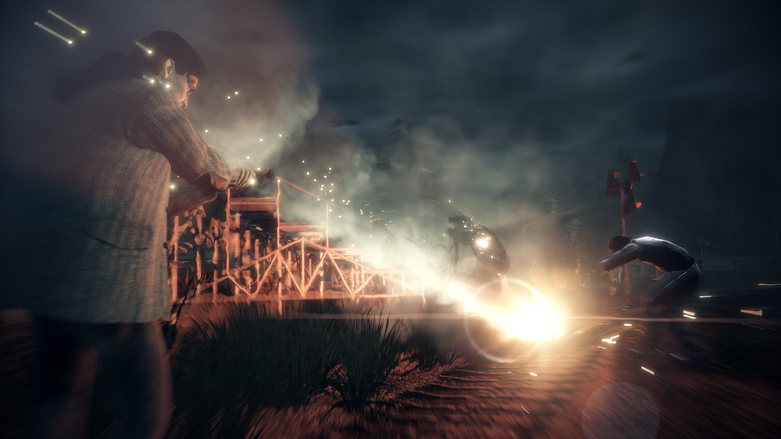 Alan Wake Remastered Screenshot - Night time, shining a lit flashlight onto the Taken.