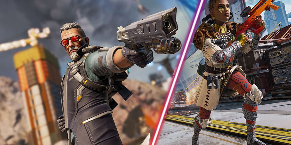 Screenshot of Apex Legends Ballistic aiming with pistol and Apex Legends player sprinting with rifle in hands