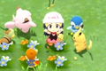 A Pokémon Trainer with Piplup, Chimchar, Turtwig, Pikachu, and Clefairy in Amity Square in Pokémon Brilliant Diamond and Shining Pearl.