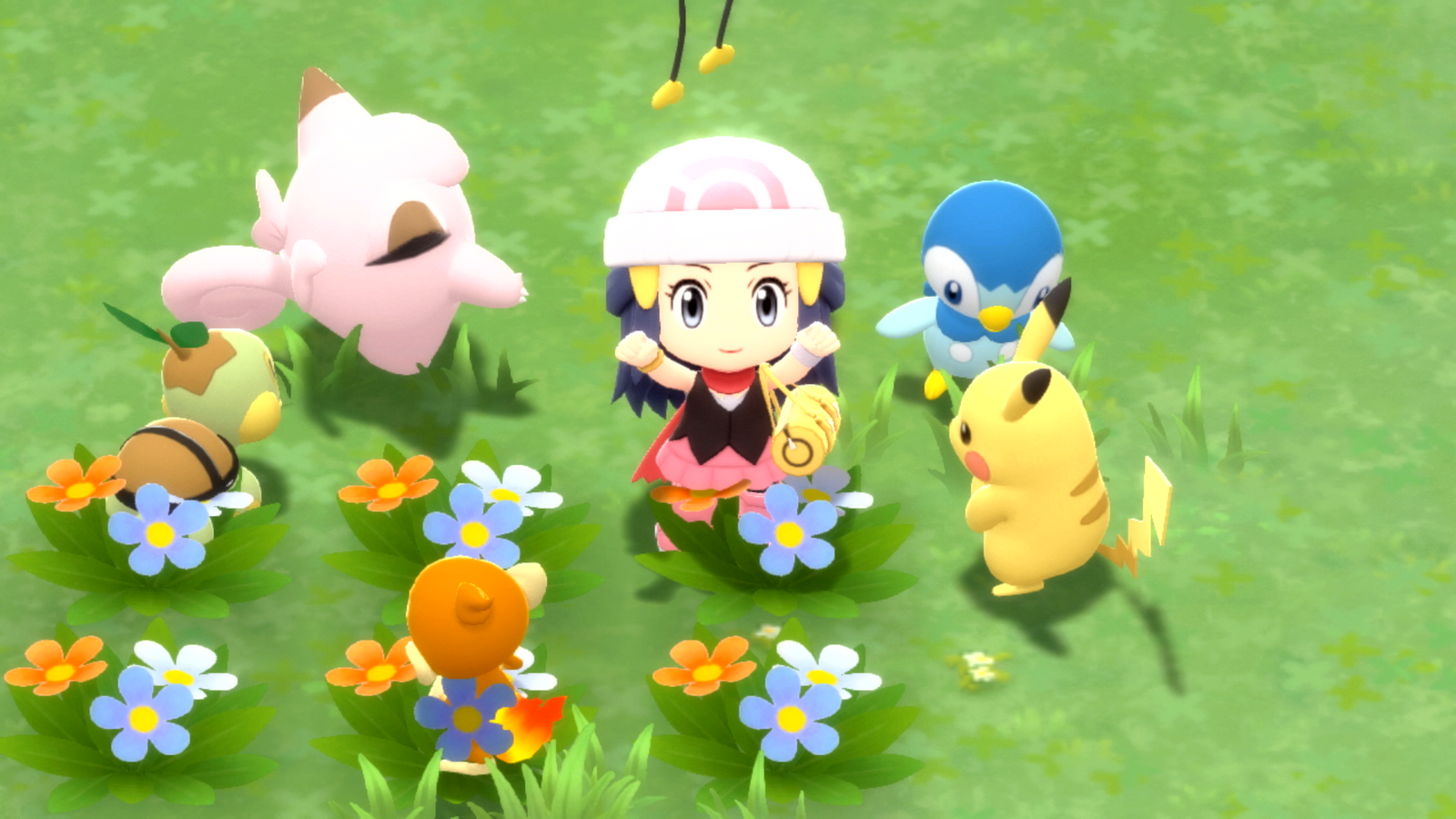 A Pokémon Trainer in Amity Square with all three starter Pokémon, Piplup, Turtwig, and Chimchar, as well as Cleffa and Pikachu in Pokémon Brilliant Diamond and Shining Pearl.