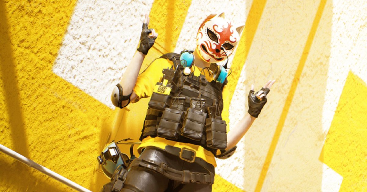 The Finals player wearing mask and vest on yellow and white background