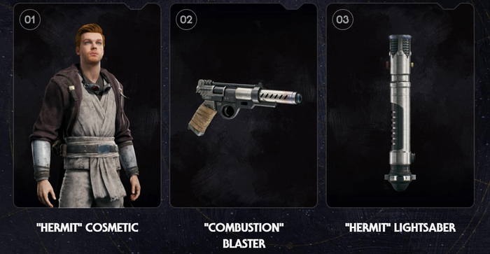 This cosmetic pack features an outfit, a blaster, and a lightsaber.