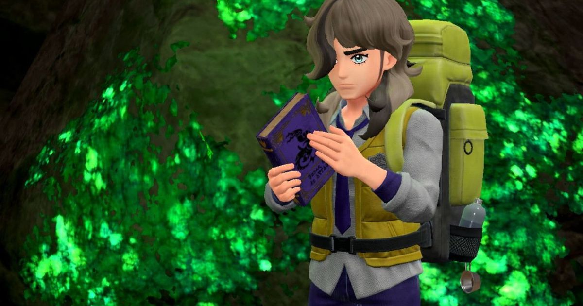 A boy with a book and backpack in Pokemon Scarlet and Violet.