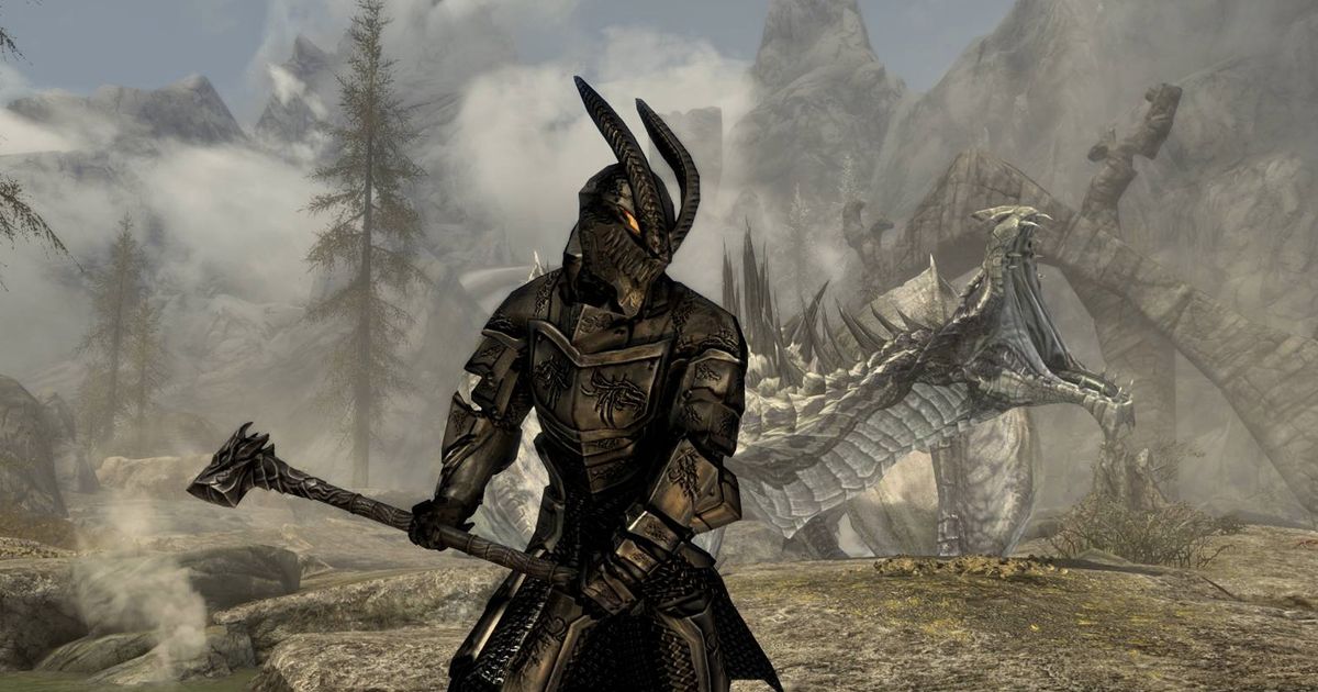 Image of the player character in front of a dragon in Skyrim