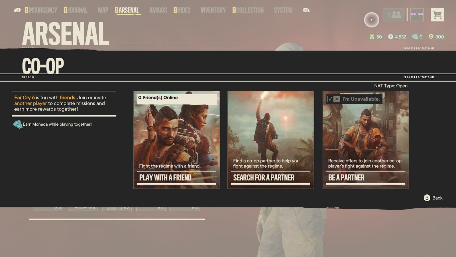 The menu of co-op information and options in Far Cry 6.