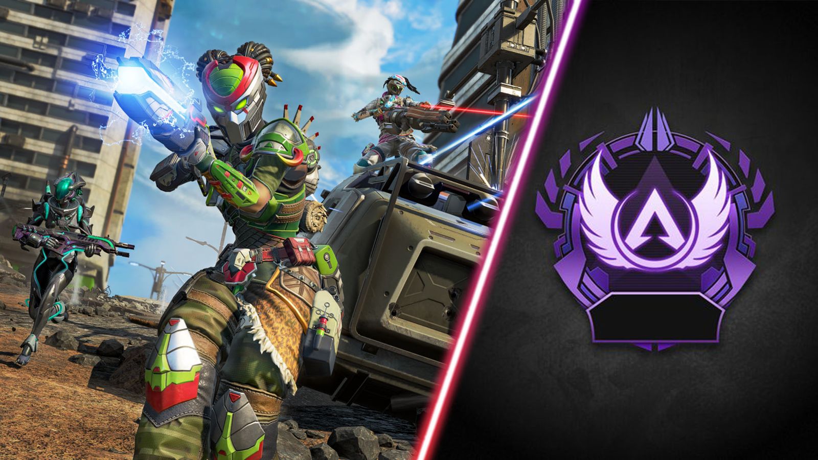 Screenshot showing Apex Legends players firing guns and Apex Legends Masters ranked logo on a black background