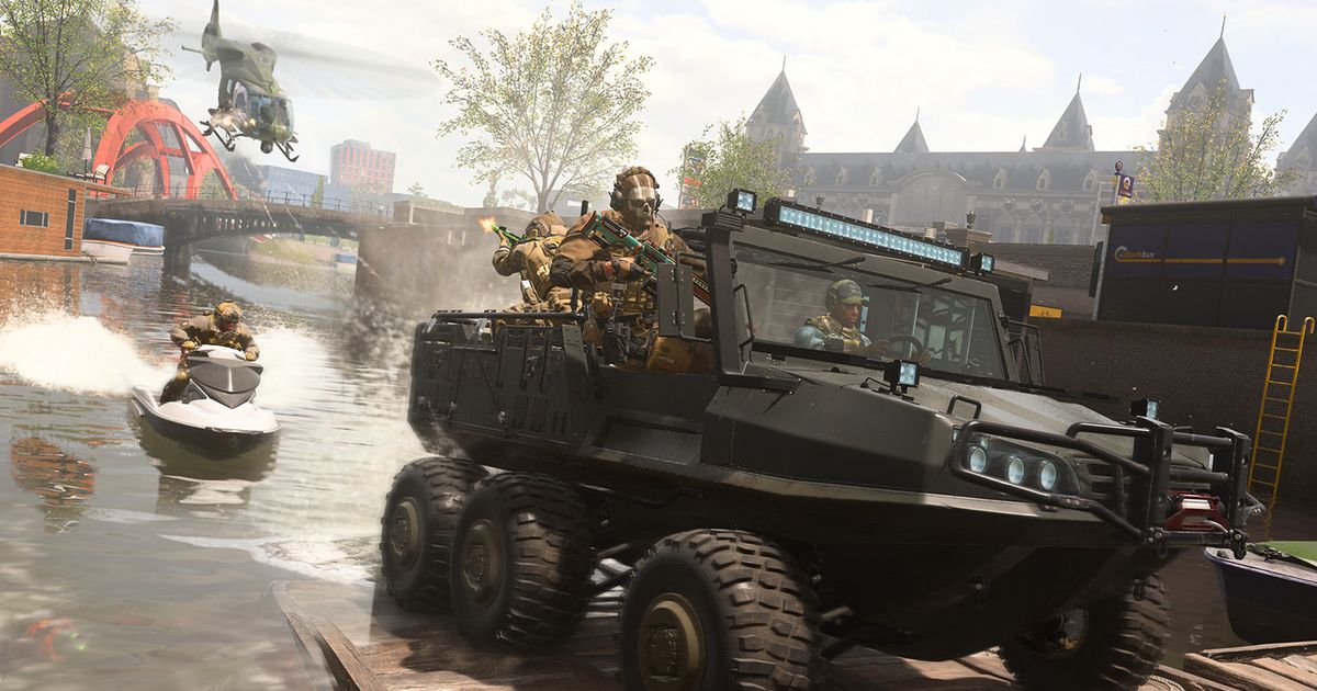 Screenshot of Warzone players riding in an amphibious vehicle with a jet ski in the background