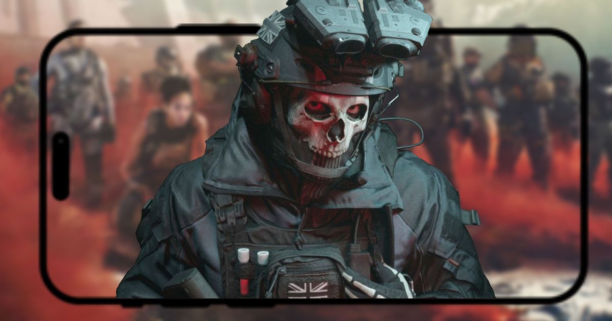 Ghost Riley jumping out of an iPhone 15 with a Warzone Mobile background