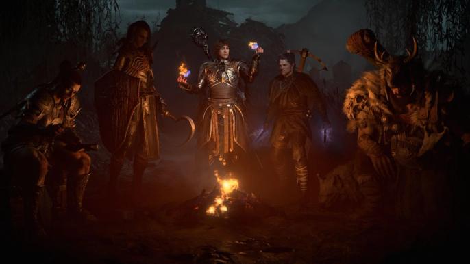 Multiple characters are next to the campfire in Diablo 4.