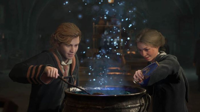 Two students brewing a potion in a bowl in Hogwarts Legacy.