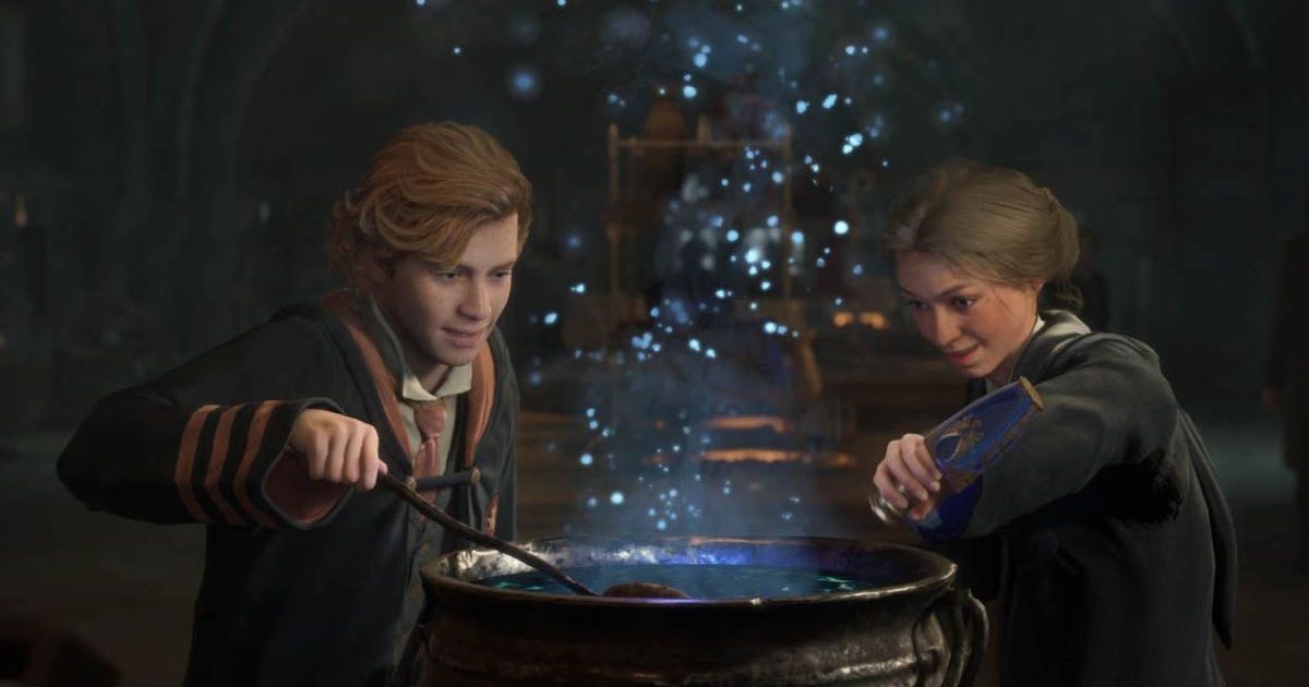 Two characters mixing a potion in a cauldron in Hogwarts Legacy.