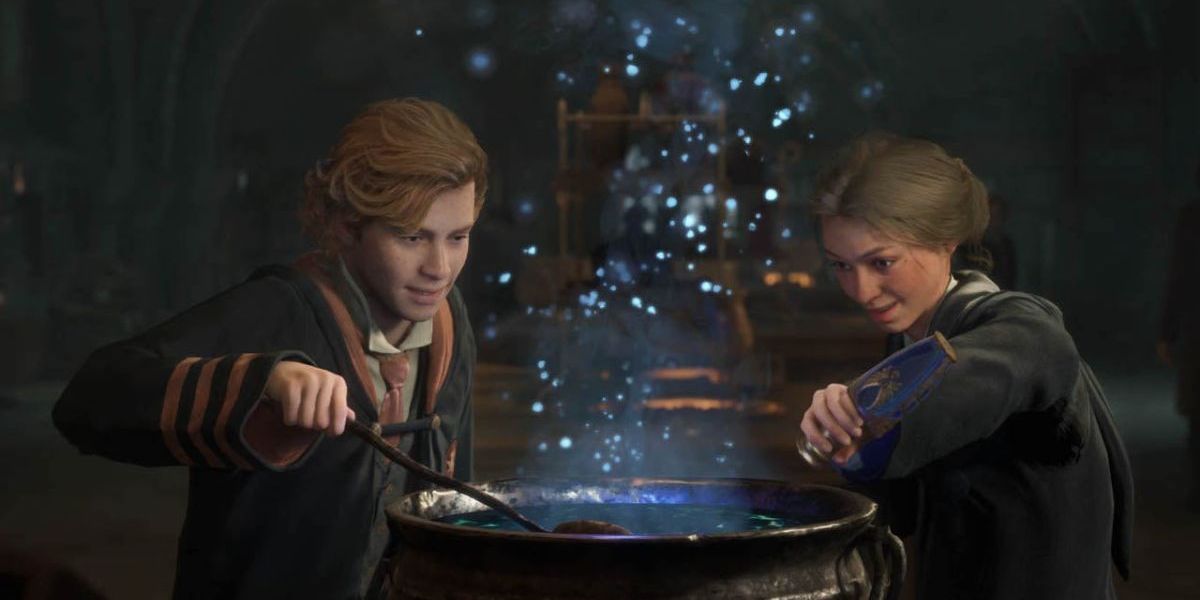 Two characters mixing a potion in a cauldron in Hogwarts Legacy.