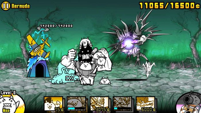 A screenshot from The Battle Cats as they fight zombies.