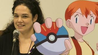 Pokemon Misty Voice Actress Rachael Lillis next to an image of Misty holding a Great Ball