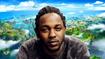 Rapper Kendrick Lamar posing with a Fortnite image in the background