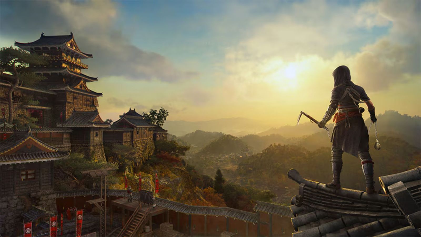 Assassin's Creed Shadows key art featuring a feudal Japanese castle and Naoe, the game's protagonist