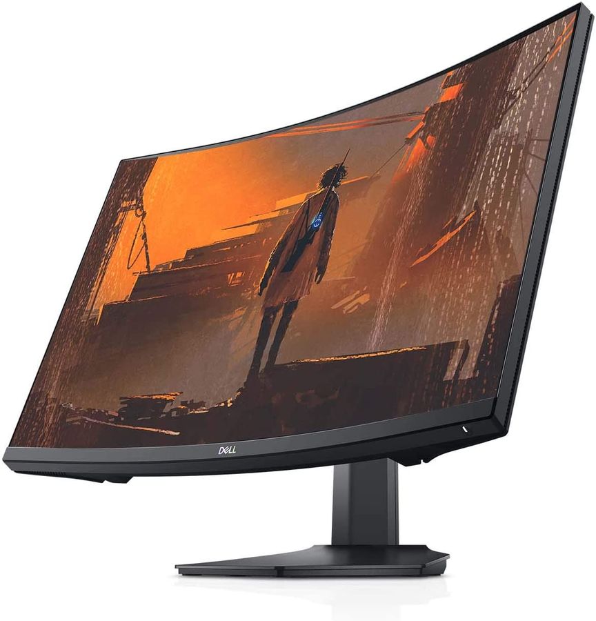 Dell S2721HGF product image of a black, curved monitor with a character looking up at an orange sky on the display.