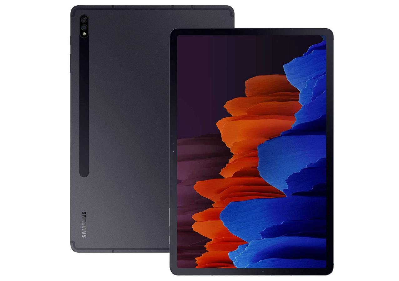 Samsung Galaxy Tab S7 Plus product image of a black tablet shot from the front and back with a blue, orange, and purple pattern on the screen.