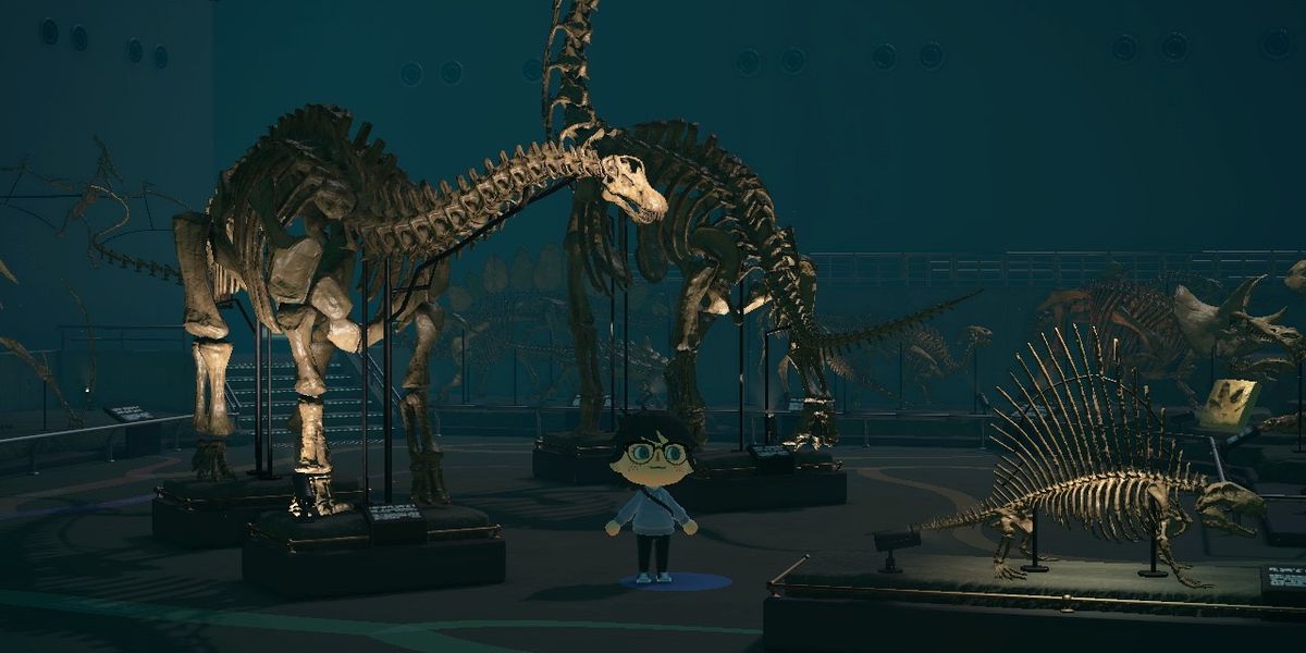 A player in the dinosaur fossils exhibit in Animal Crossing: New Horizons.