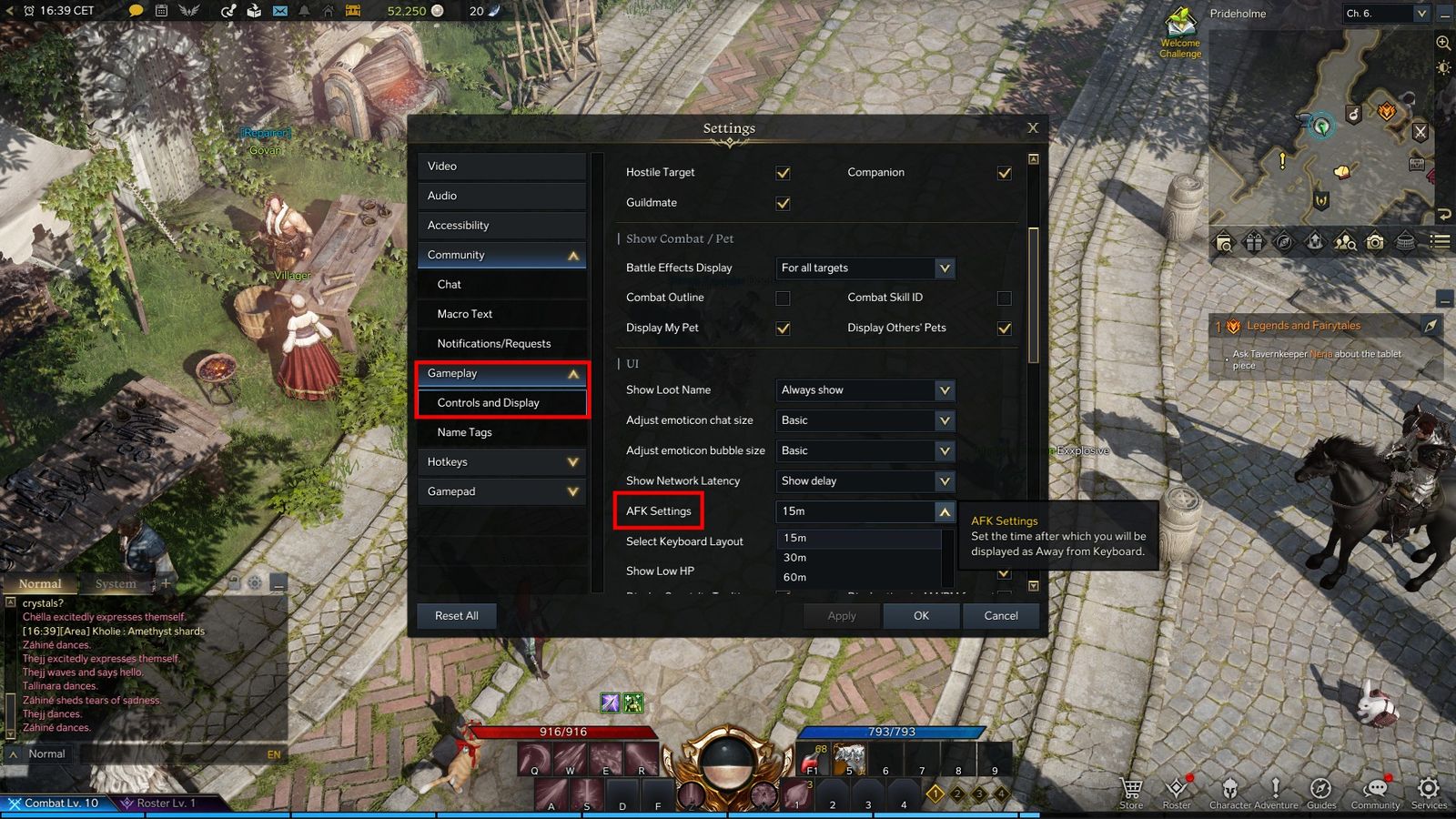 The Controls and Display Gameplay settings, where players can adjust their AFK Timer in Lost Ark.