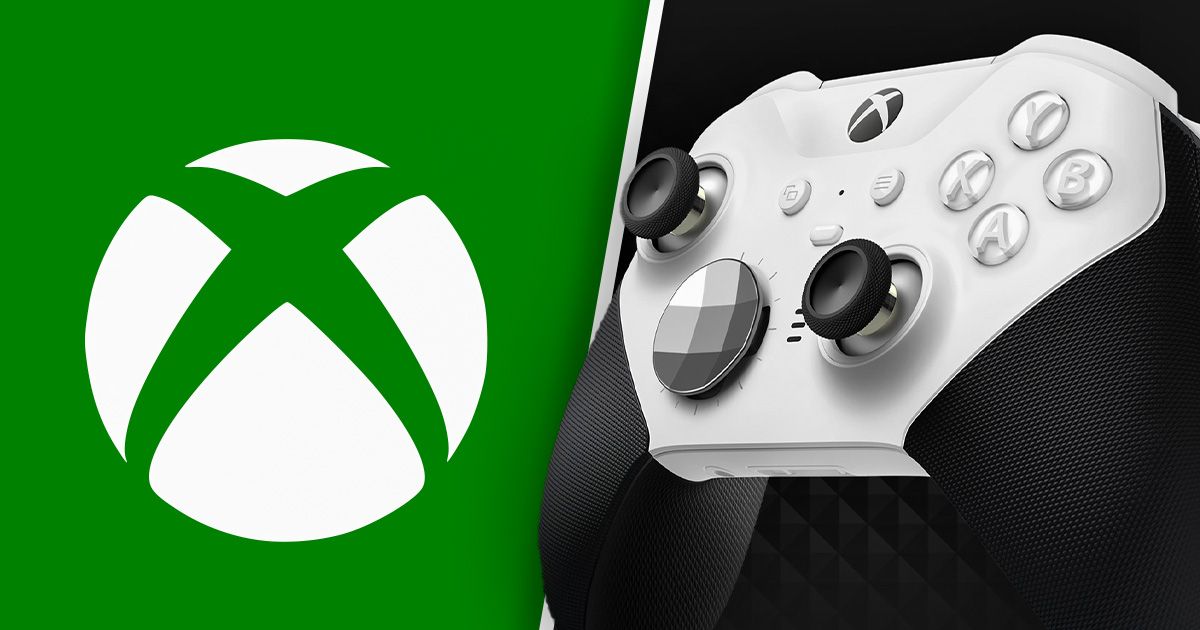 Xbox Elite Series 2 controller in black with a gradient white and grey touchpad next to the white Xbox logo in front of a green background.