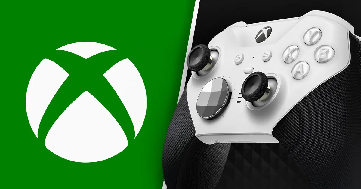 Xbox Elite Series 2 controller in black with a gradient white and grey touchpad on the left.