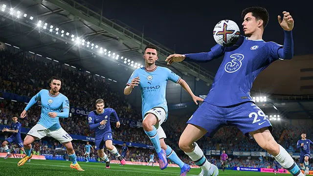 Screenshot of EA Sports FC Chelsea player controlling football with a shoulder with Manchester City players standing nearby