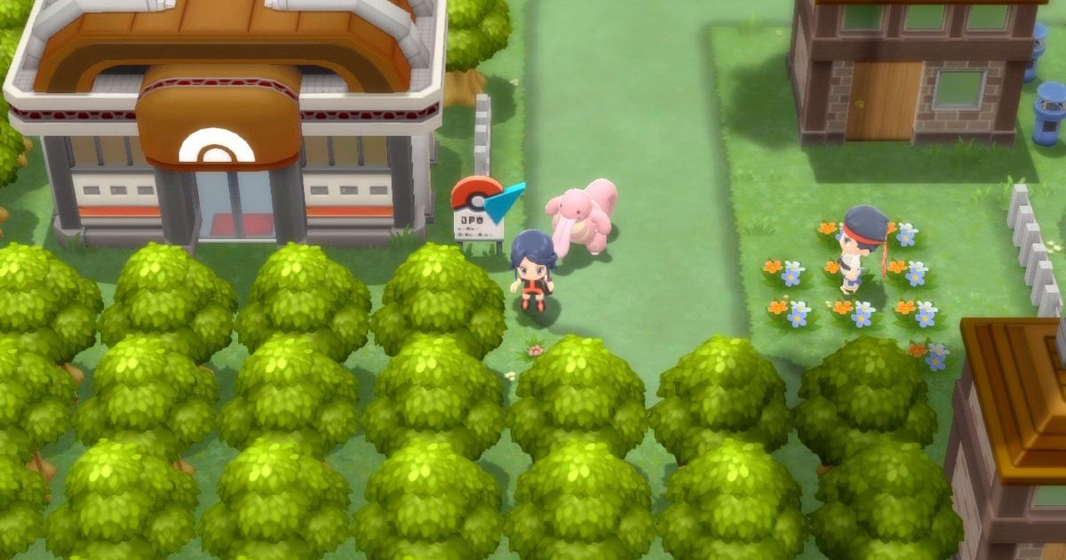 A Pokémon Trainer, their Lickitung and a Black Belt Trainer stand outside of Pastoria City gym in Pokémon Brilliant Diamond and Shining Pearl.