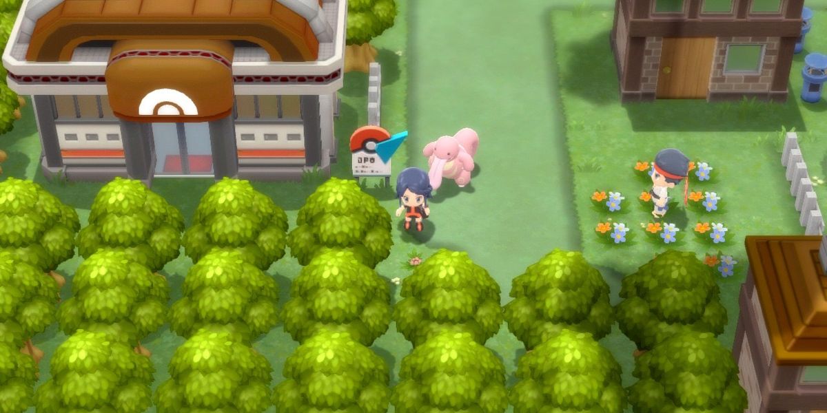 A Pokémon Trainer, their Lickitung and a Black Belt Trainer stand outside of Pastoria City gym in Pokémon Brilliant Diamond and Shining Pearl.