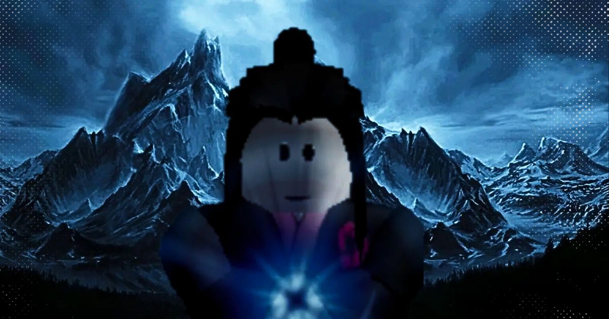 Roblox character holding a magic orb against a backdrop of dark mountains