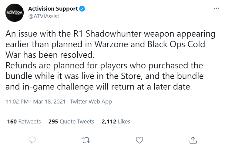 R1 Shadowhunter Crossbow Removed From Black Ops Cold War