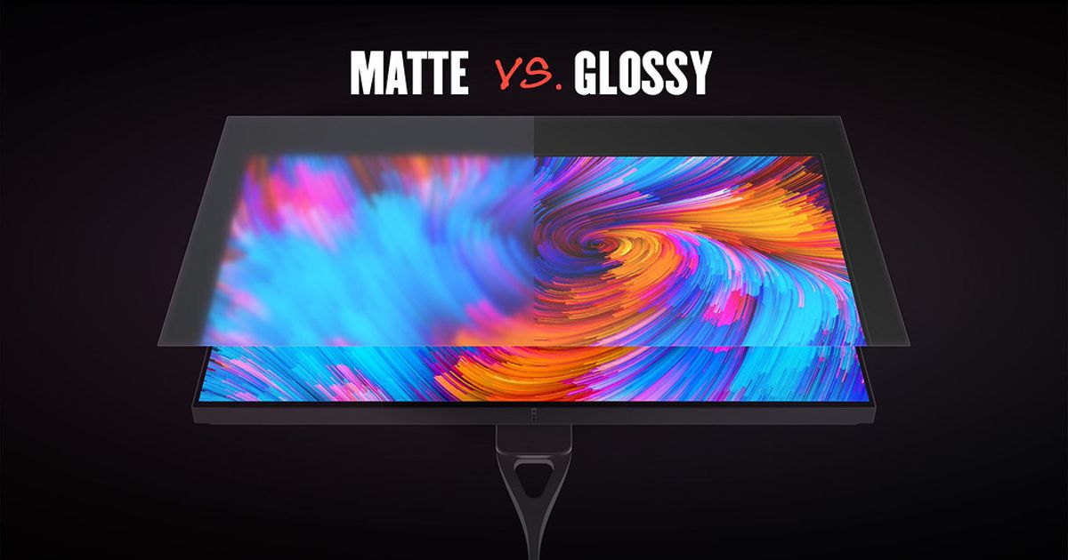 A monitor with a blue and orange pattern on the display with the front panel being compared between matte and glossy.