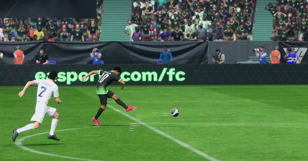 EA Sports FC 24 player performing low driven shot