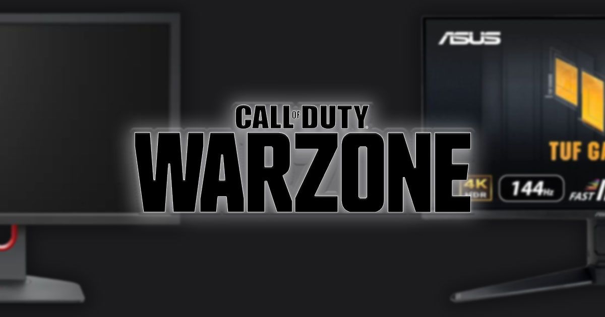 Call of Duty: Warzone logo in black with a white glow around it and two different gaming monitors behind it.