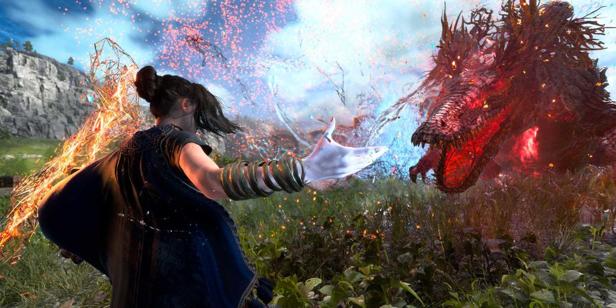 Frey fighting a red dragon in Forspoken.