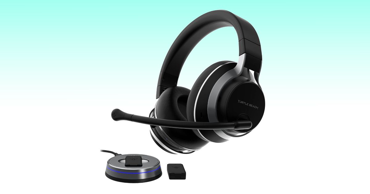 A black, over-ear, wireless gaming headset with a mic that extends around the front in front of a white and turquoise gradient background.