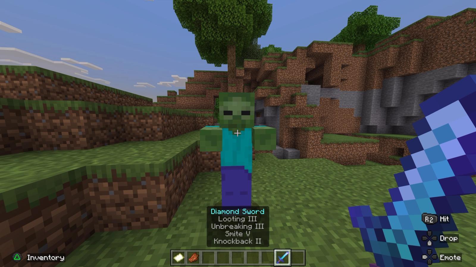 A Minecraft Zombie faces the player, who wields a diamond sword