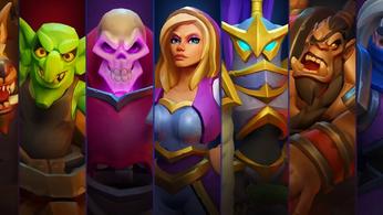 A lineup of characters from Arclight Rumble, from left to right: goblin, skeleton, woman, robot, ogre.