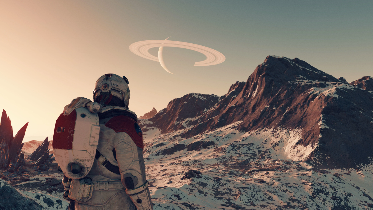 The player character on a rocky planet in Starfield.