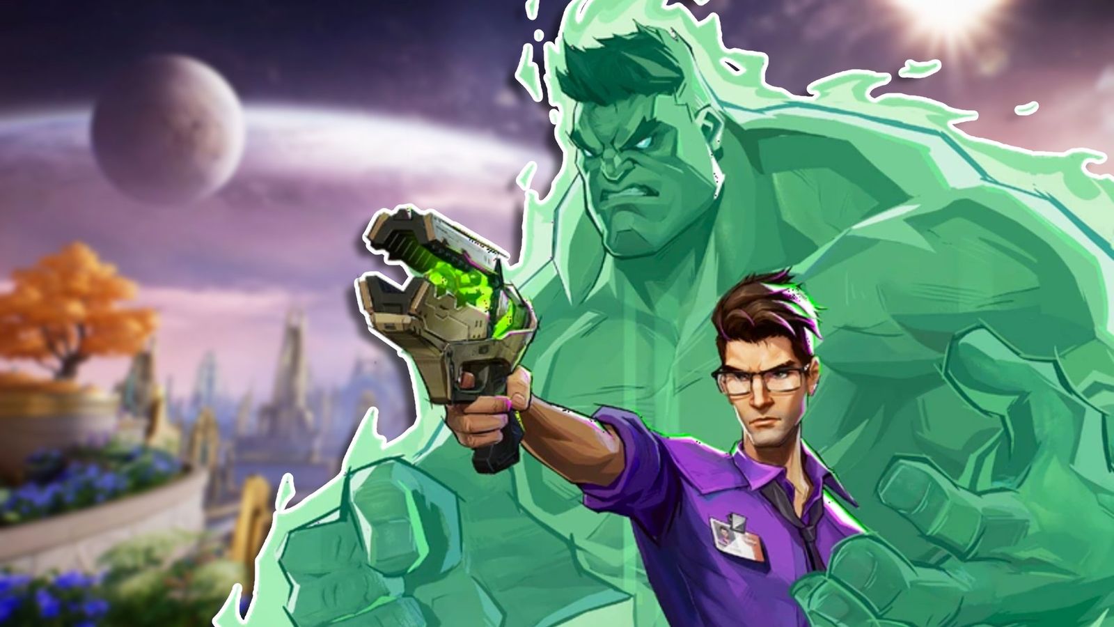 Bruce Banner aiming his Gamma Ray Gun, an image of the Hulk from Marvel Rivals standing behind him.