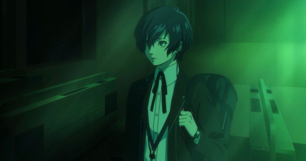 A high school student carrying a bag wandering in a dimly lit room in Persona 3 Reload