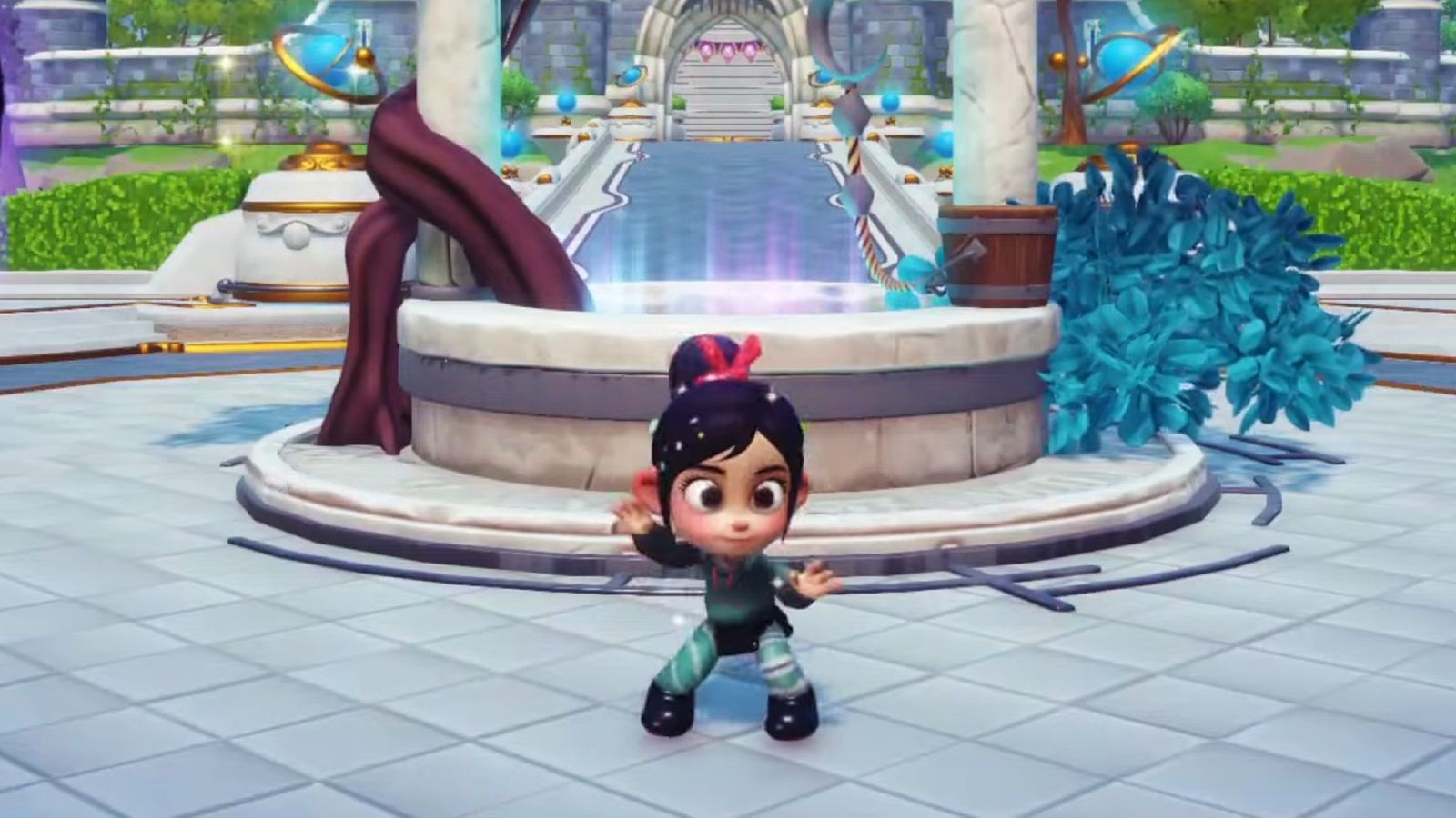 Disney Dreamlight Valley - Vanellope dancing in front of a fountain