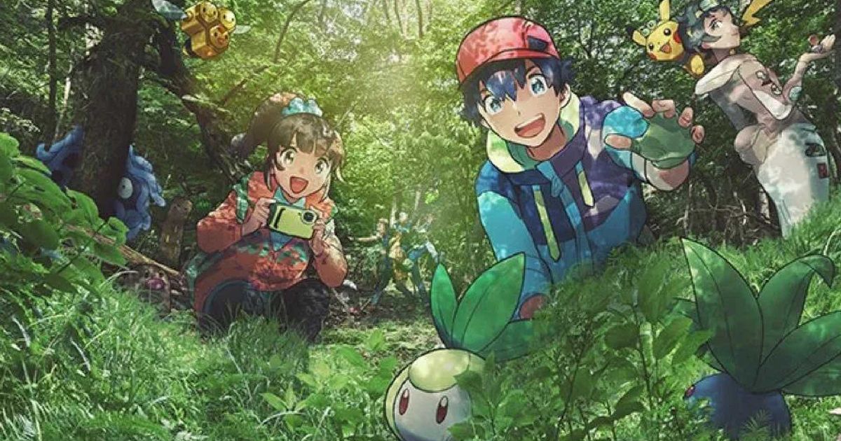 Two Pokémon trainers hunting a defenceless grass type in a dense forest