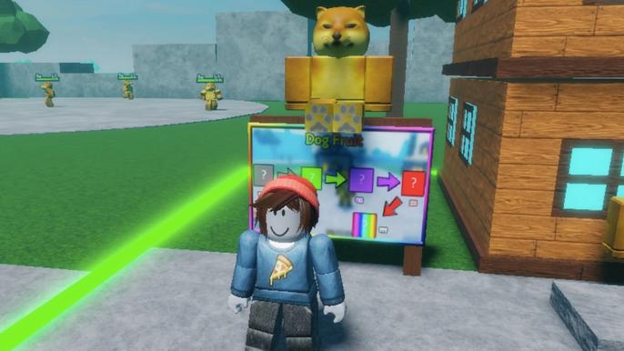 Screenshot from Dog Piece, showing a Roblox avatar stood below a Doge stall