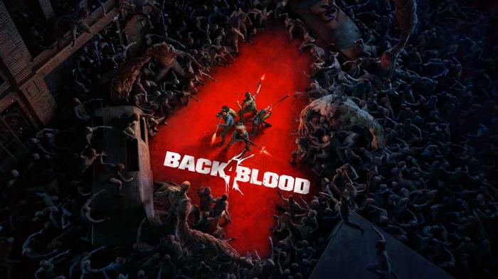 The Back 4 Blood loading screen. A group of survivors stand in a red "4" with guns raised, surrounded by hordes of zombies. 