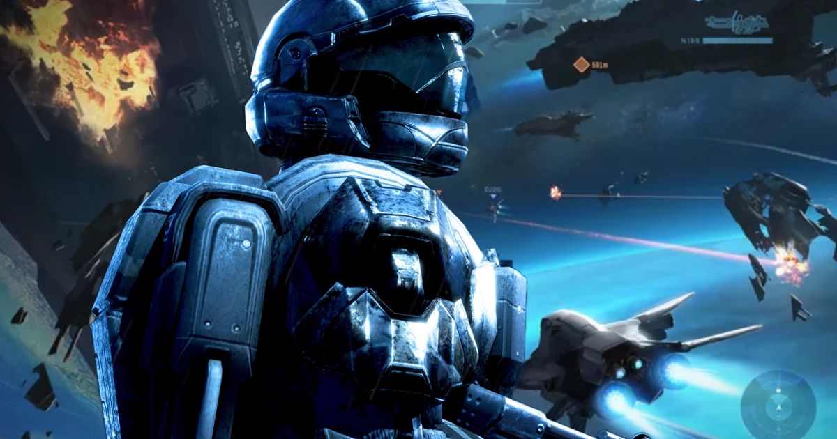 A render of Halo: ODST’s Rookie standing in front of Halo: Last Star Fighter concept art for a killed spin-off game 