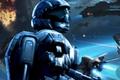 A render of Halo: ODST’s Rookie standing in front of Halo: Last Star Fighter concept art for a killed spin-off game 