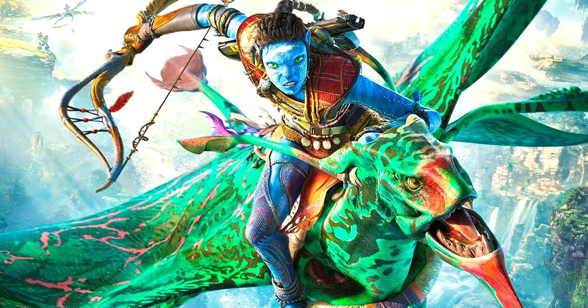 Avatar: Frontiers of Pandora Na'vi character on the back of an Ikran holding a longbow