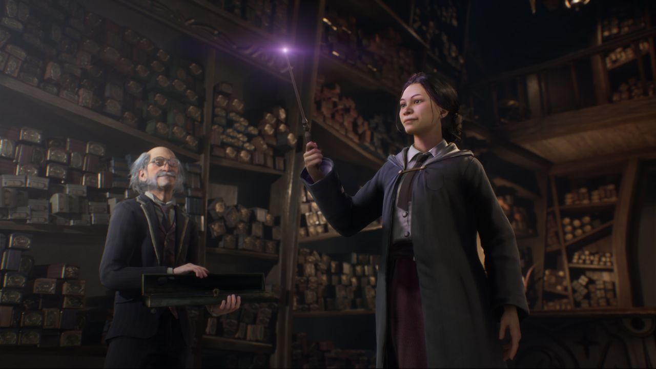 A witch trying out a new wand in Hogwarts Legacy.